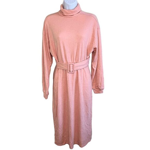 Leyden Dresses & Skirts - Leyden Women's Turtleneck‎ Midi Dress XS Pink Dusty Coral Belted Long Sleeve